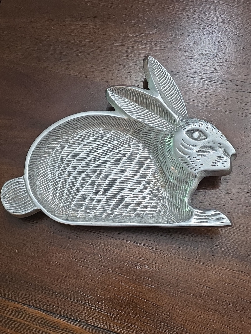 Vintage Cast Metal Bunny Trinket Dish in Silver Tone